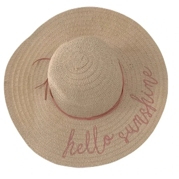 🔥HOST PICK🔥 "Hello Sunshine" beach hat/  Pink vegan leather bow/ Embroidered - Picture 1 of 9